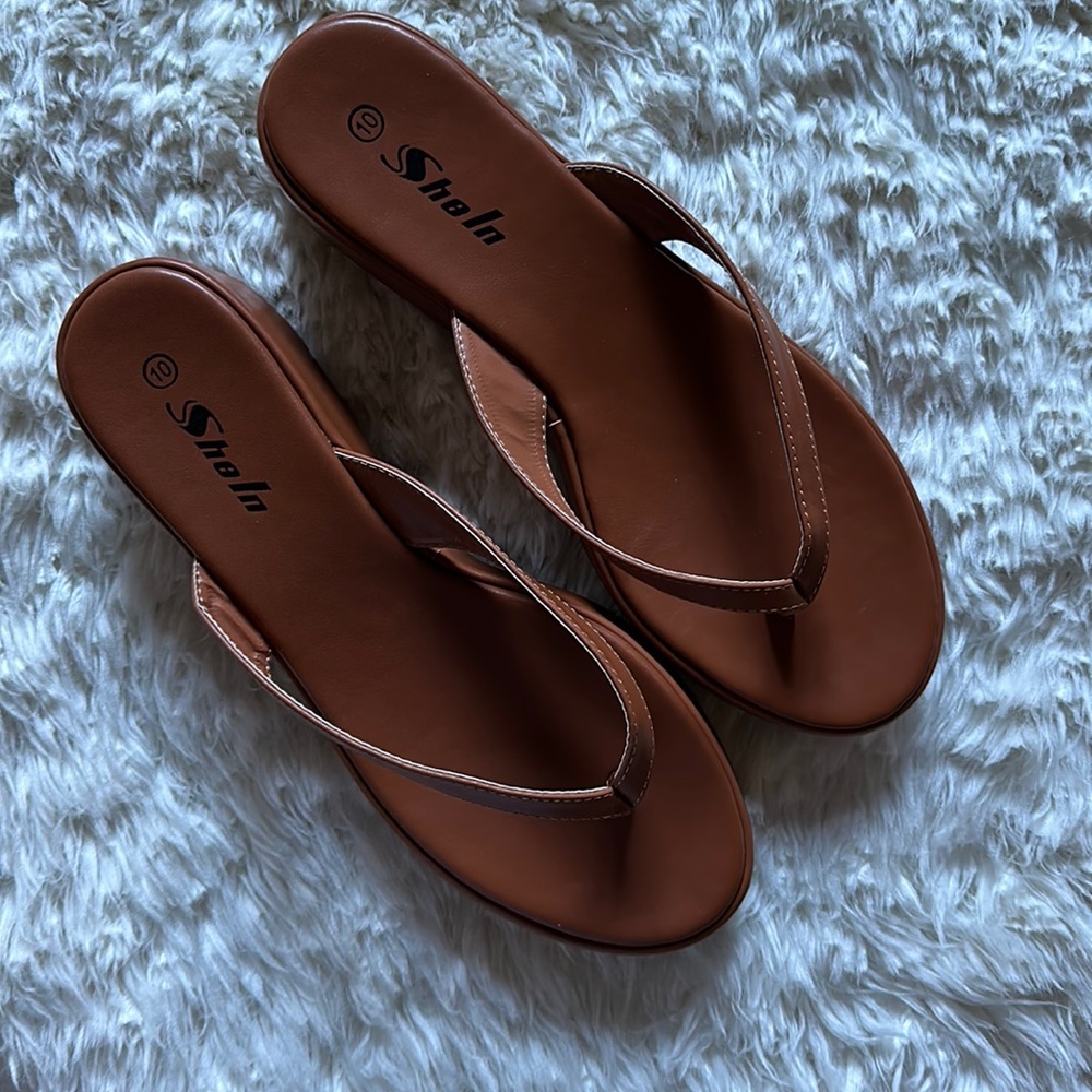 Shein Cognac Brown Leather Heel Flip Flop-10